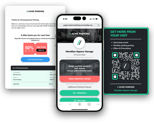 DashAgency work for ACME Parking: a first-visit thank-you email, a DashPages microsite and QR signage (demo brand)