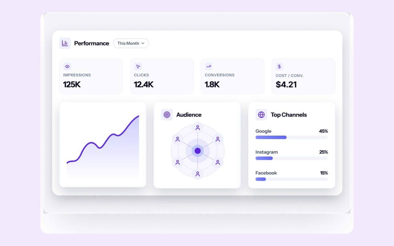 Paid media performance: impressions, clicks, conversions and top channels (demo)