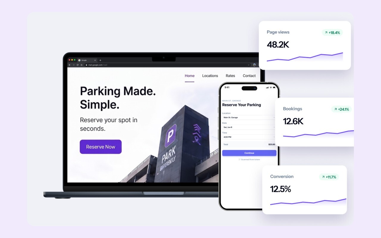 Parking website and mobile booking page with conversion stats (demo)