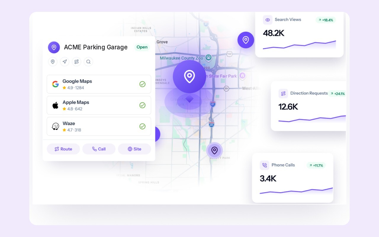 Local search listings: ACME Parking Garage on Google Maps, Apple Maps and Waze (demo)