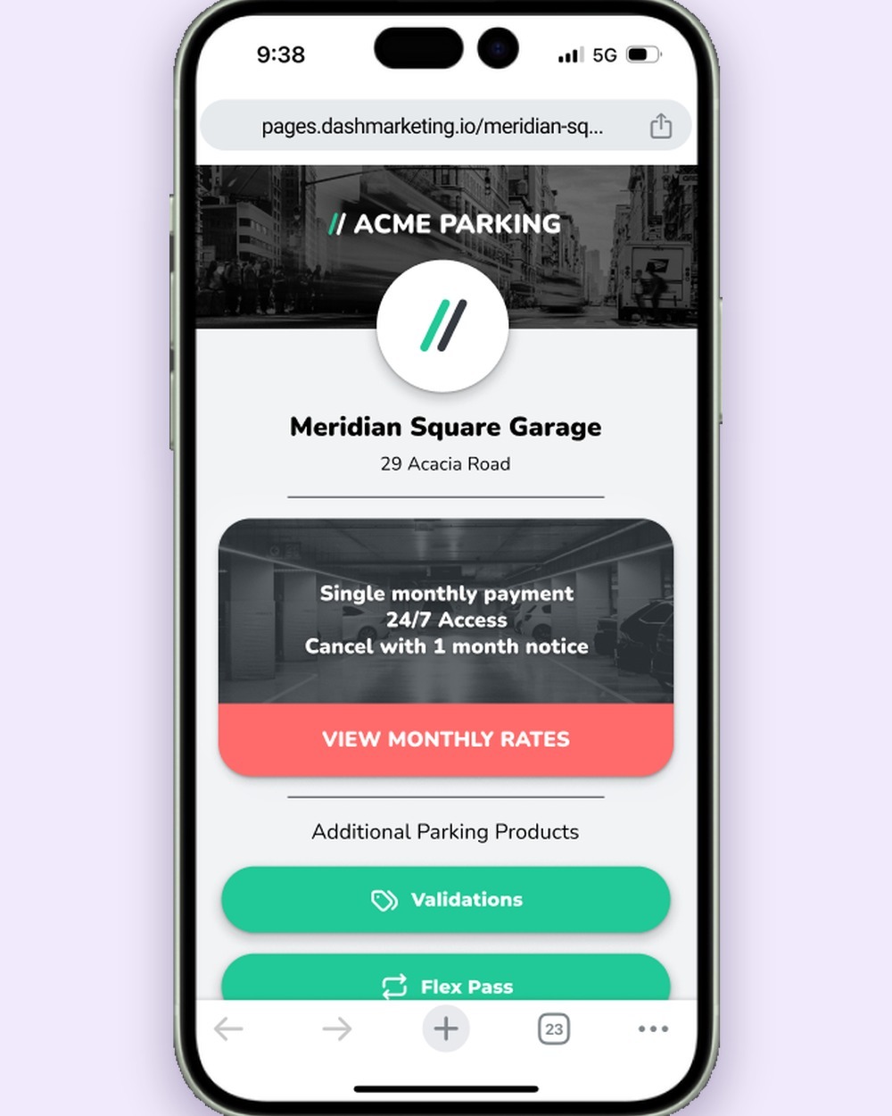 ACME Parking DashPages microsite for Meridian Square Garage (demo brand)
