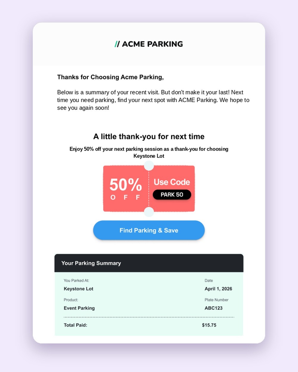 ACME Parking first-visit thank-you email with a 50% return offer (demo brand)