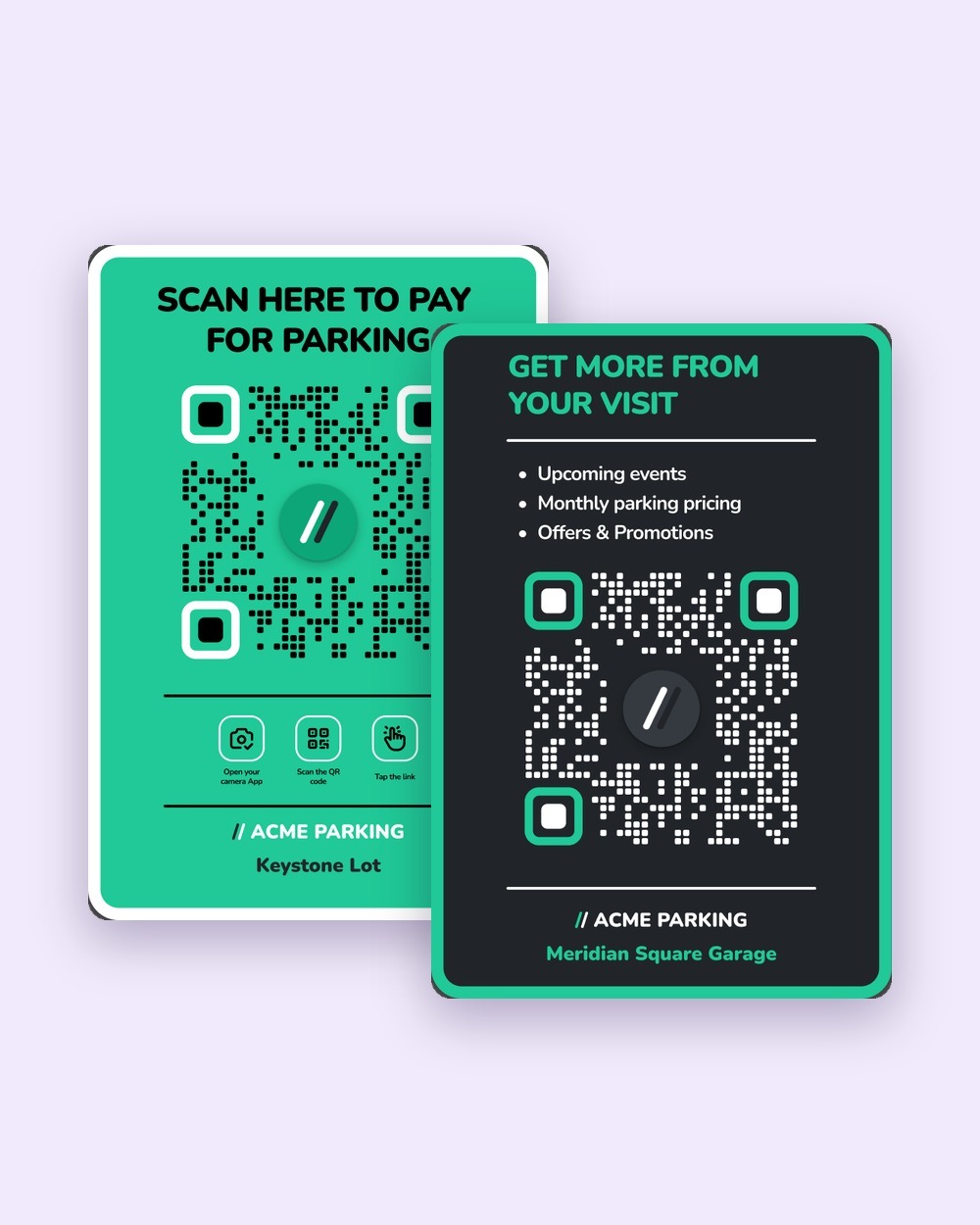 ACME Parking QR signs: scan to pay and get more from your visit (demo brand)