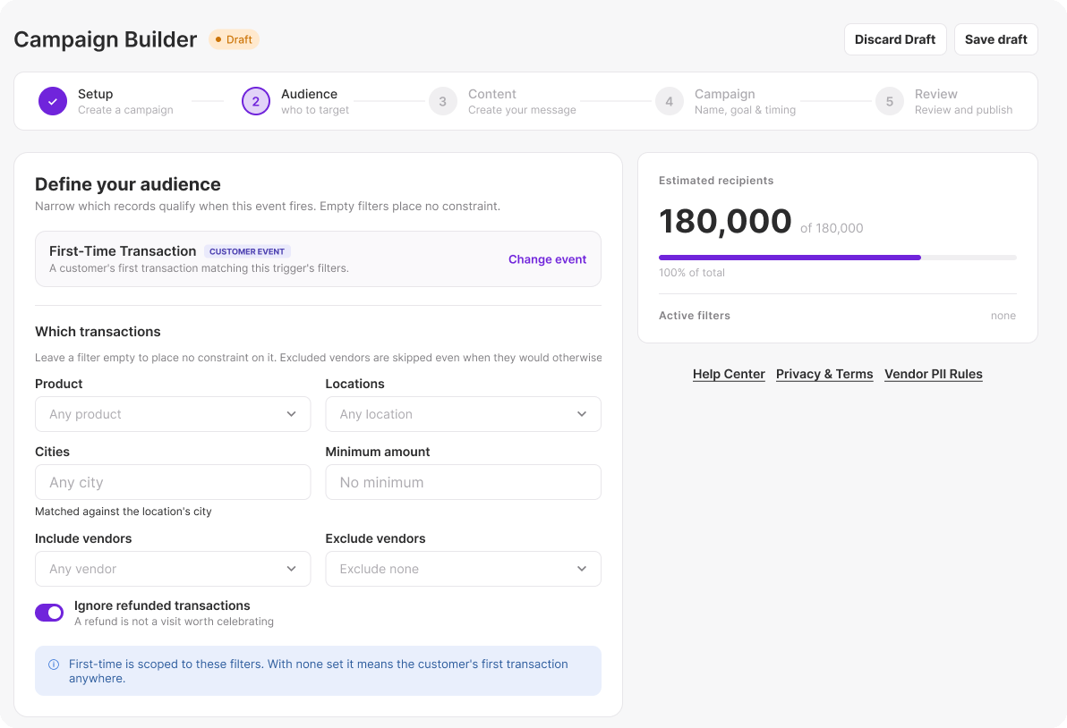 Trigger setup: First-Time Transaction event with transaction filters (demo data)