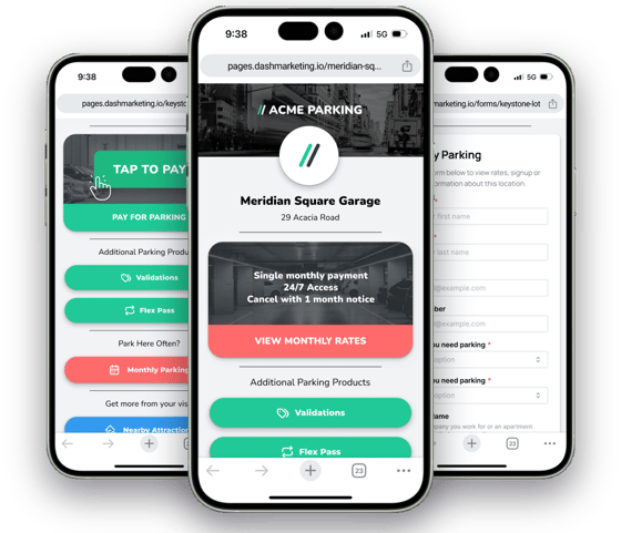 ACME Parking DashPages microsites on three phones: Meridian Square Garage, Keystone Lot tap to pay and a monthly parking form (demo)