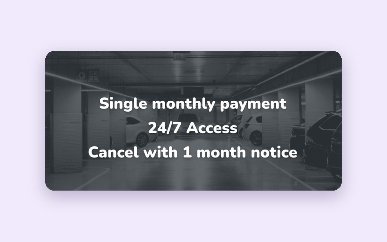Monthly parking offer banner: single monthly payment, 24/7 access