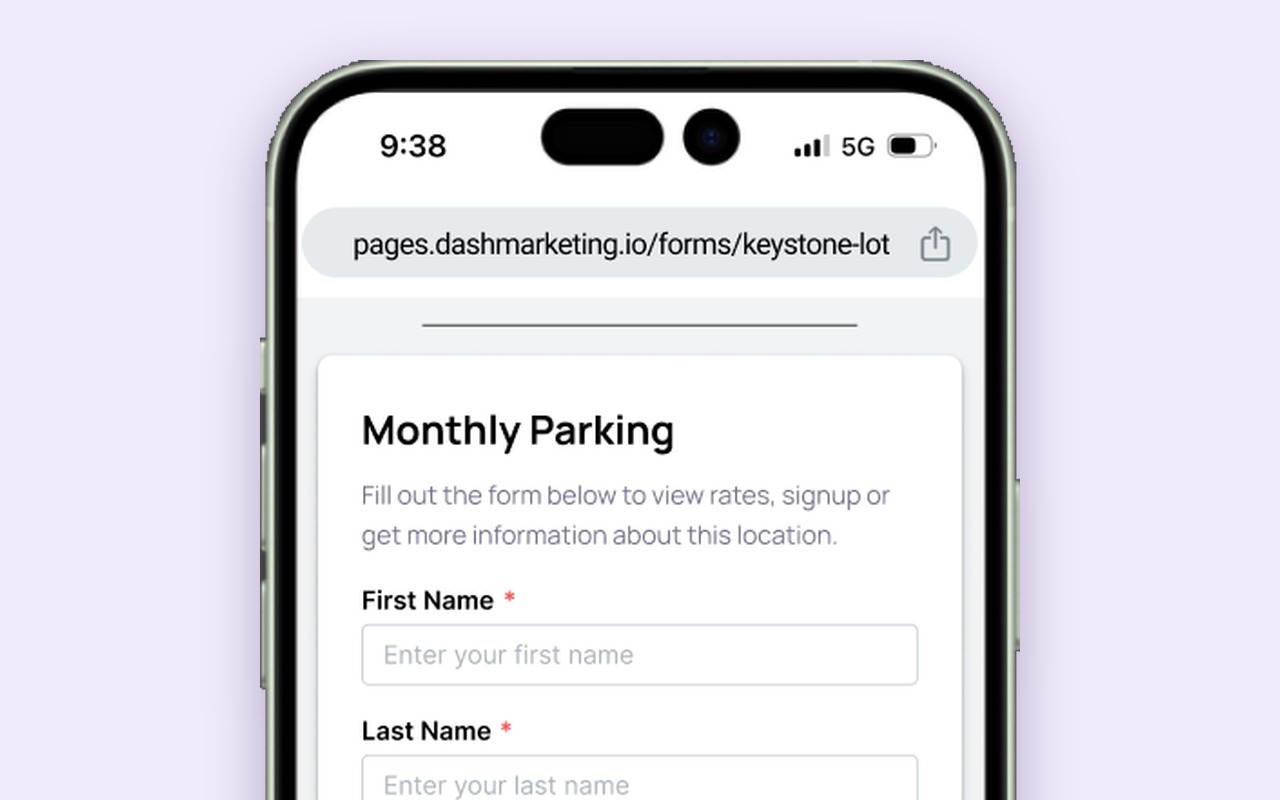 ACME Parking monthly parking enquiry form on a phone