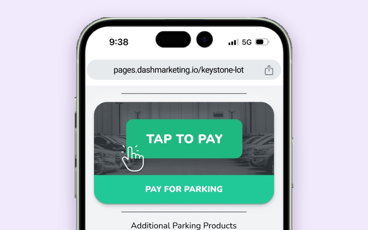 ACME Parking Keystone Lot page with tap to pay, validations, flex pass and monthly parking